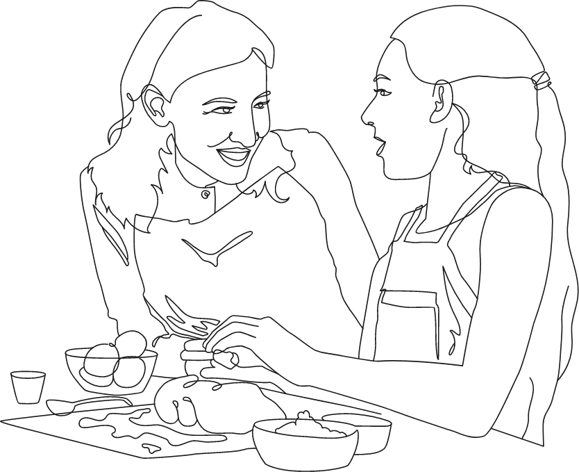 Drawing of mother and daughter baking challah