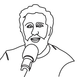 Line drawing of man speaking in microphone