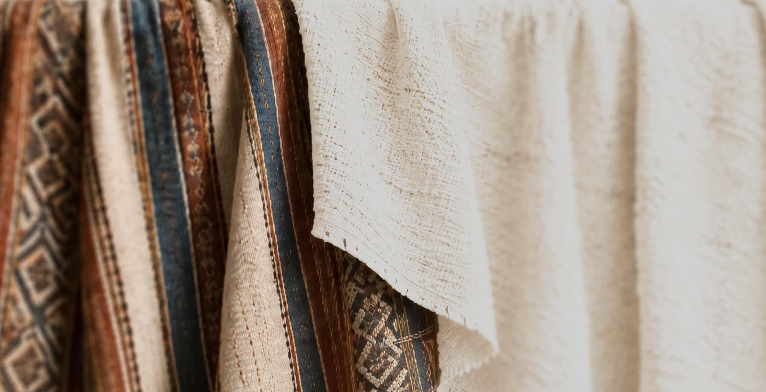 Colorful woven fabric beside coarse off-white cloth, symbolizing Joseph and Jesus in a biblical comparison.