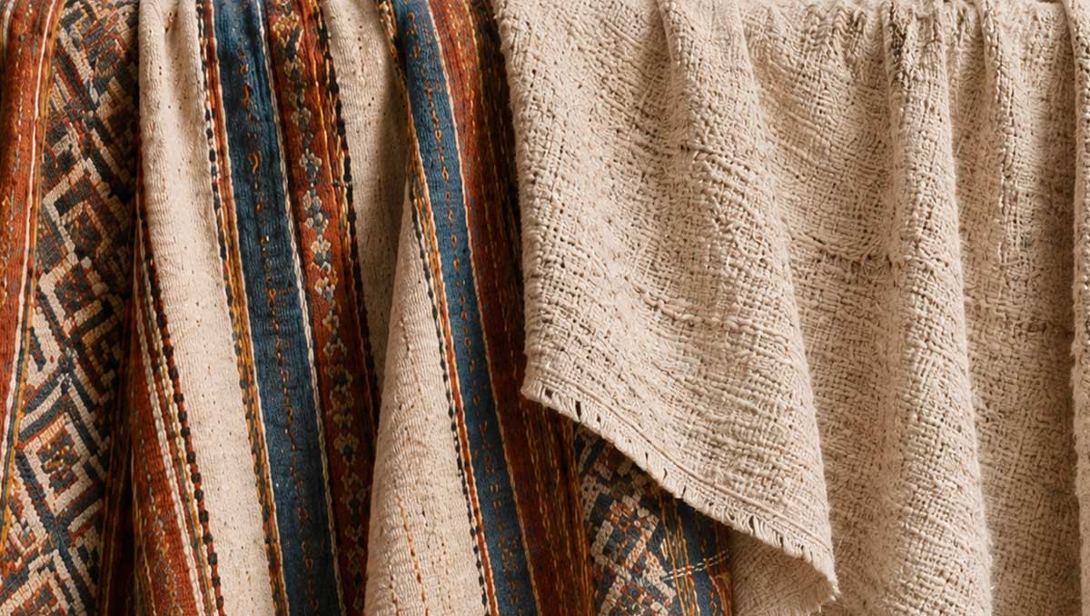 Colorful woven fabric beside coarse off-white cloth, symbolizing Joseph and Jesus in a biblical comparison.