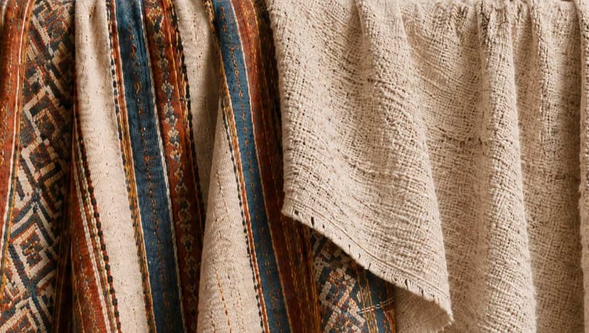 Colorful woven fabric beside coarse off-white cloth, symbolizing Joseph and Jesus in a biblical comparison.
