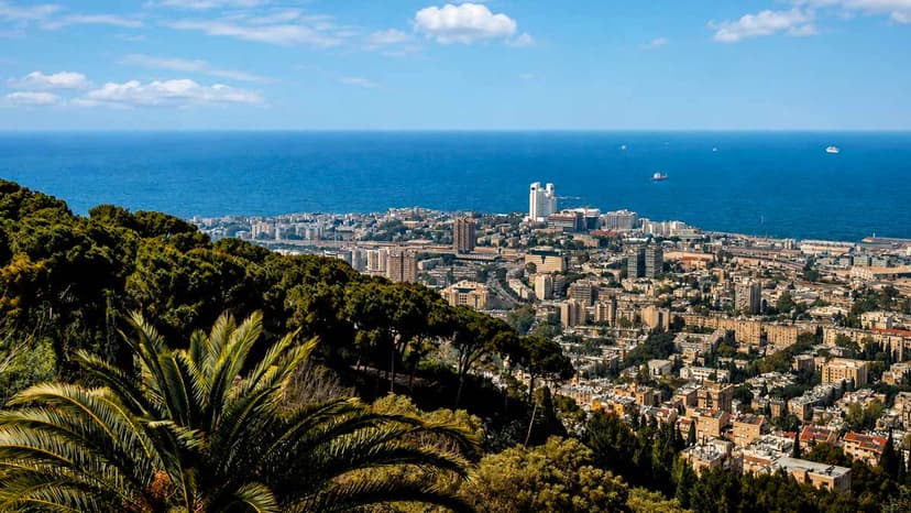 Panoramic view of Haifa, Israel, overlooking the city, Mediterranean Sea, green hills, palm trees, and coastal skyline.
