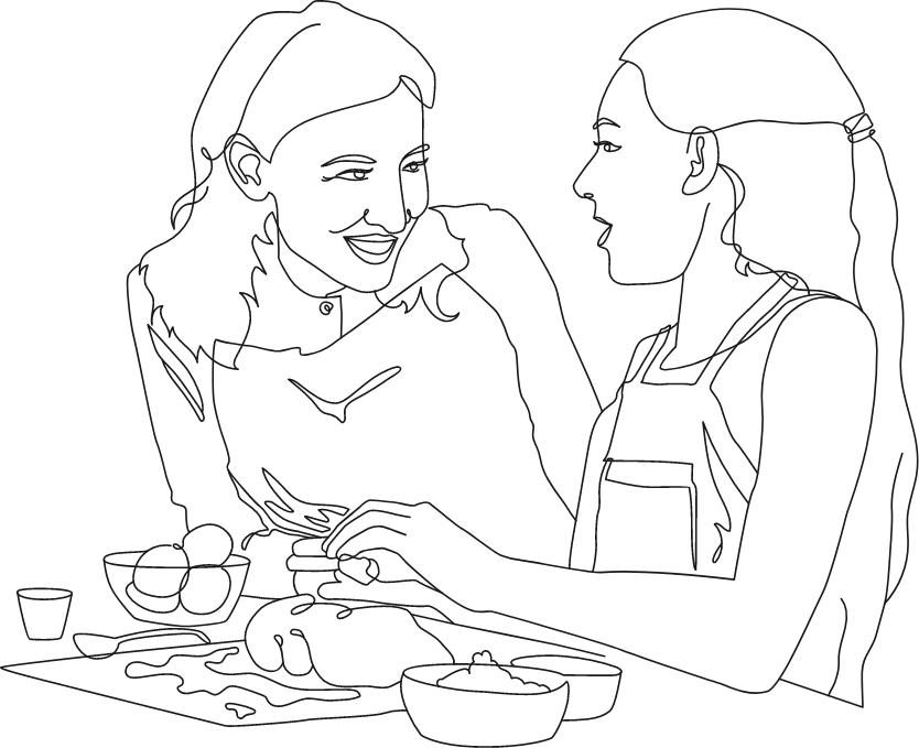 Drawing of mother and daughter baking challah