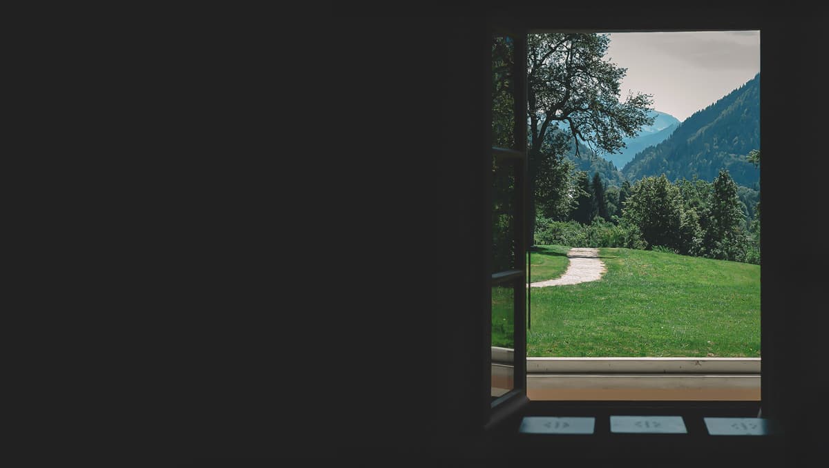 Dark room with an open door to greenery