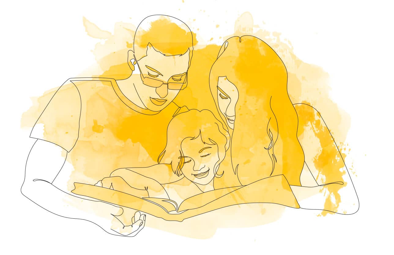 Illustration of family reading a book