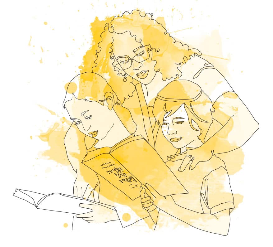 Illustration of woman teaching children, line drawing and watercolor