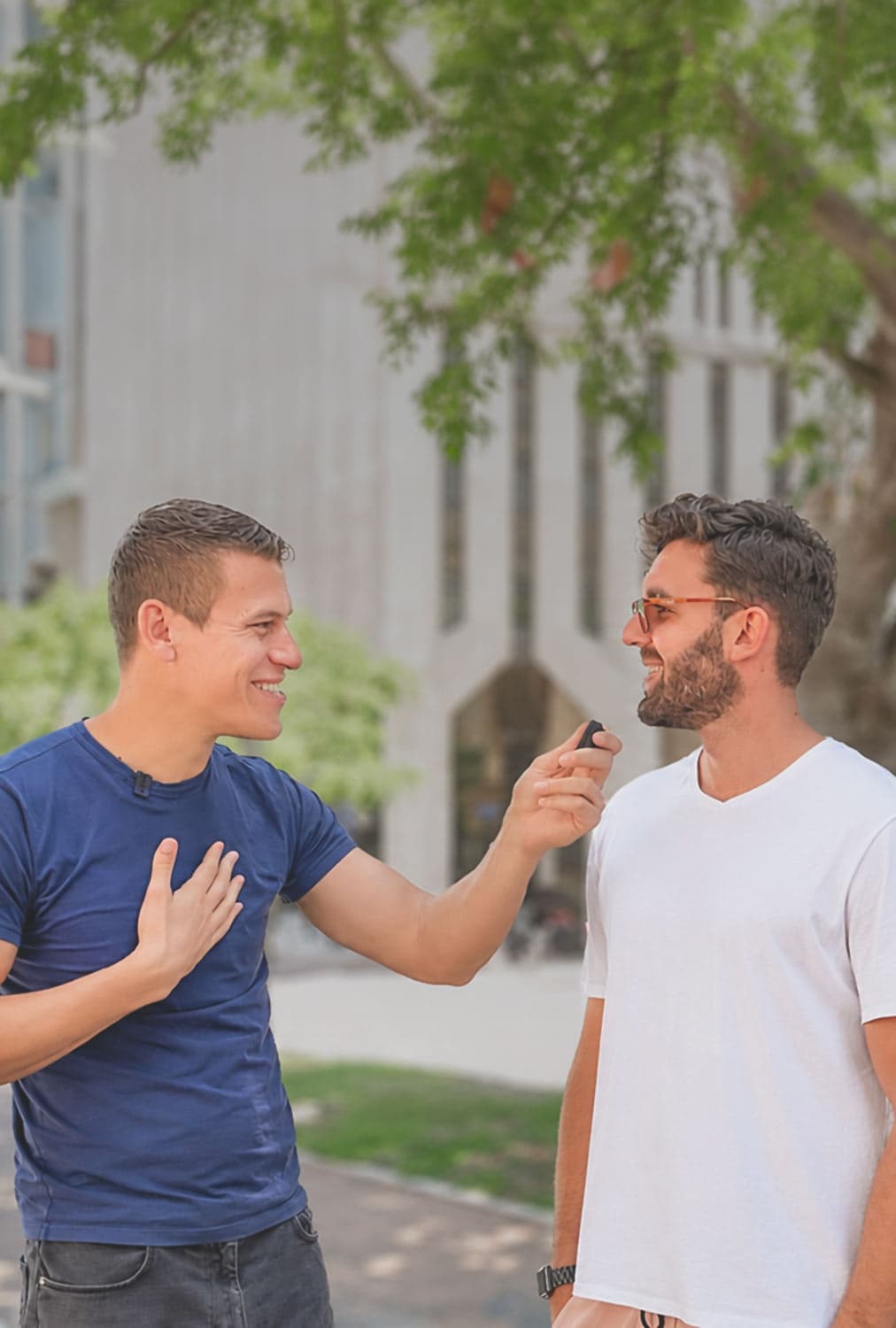 Jews for Jesus staff talking to a man in Tel Aviv, Israel