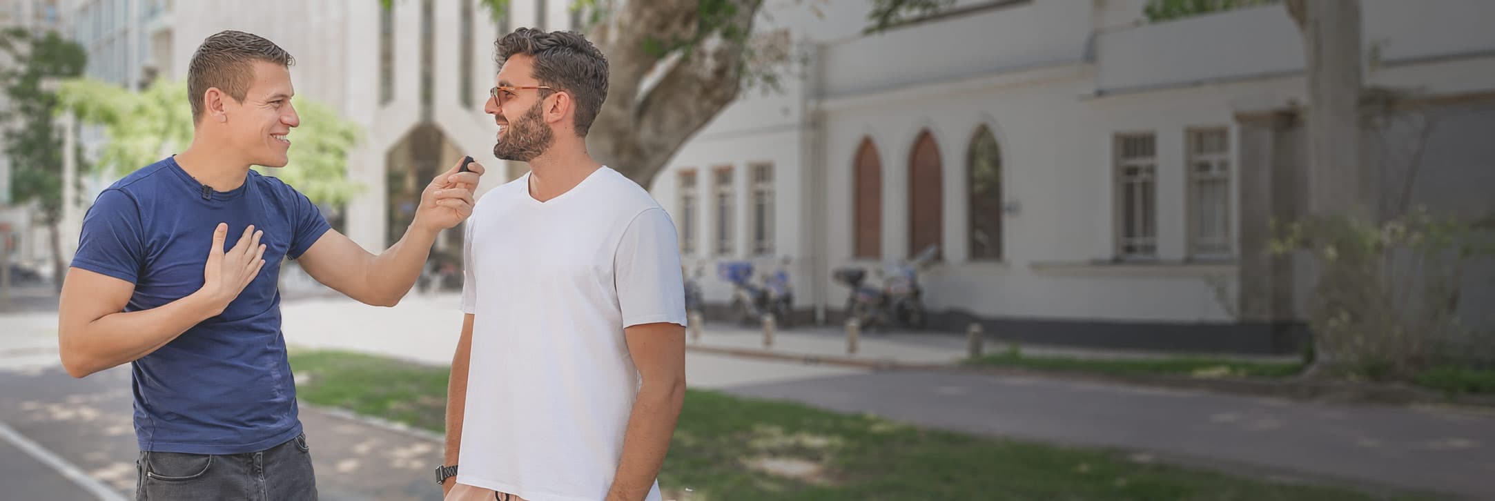 Jews for Jesus staff talking to a man in Tel Aviv, Israel