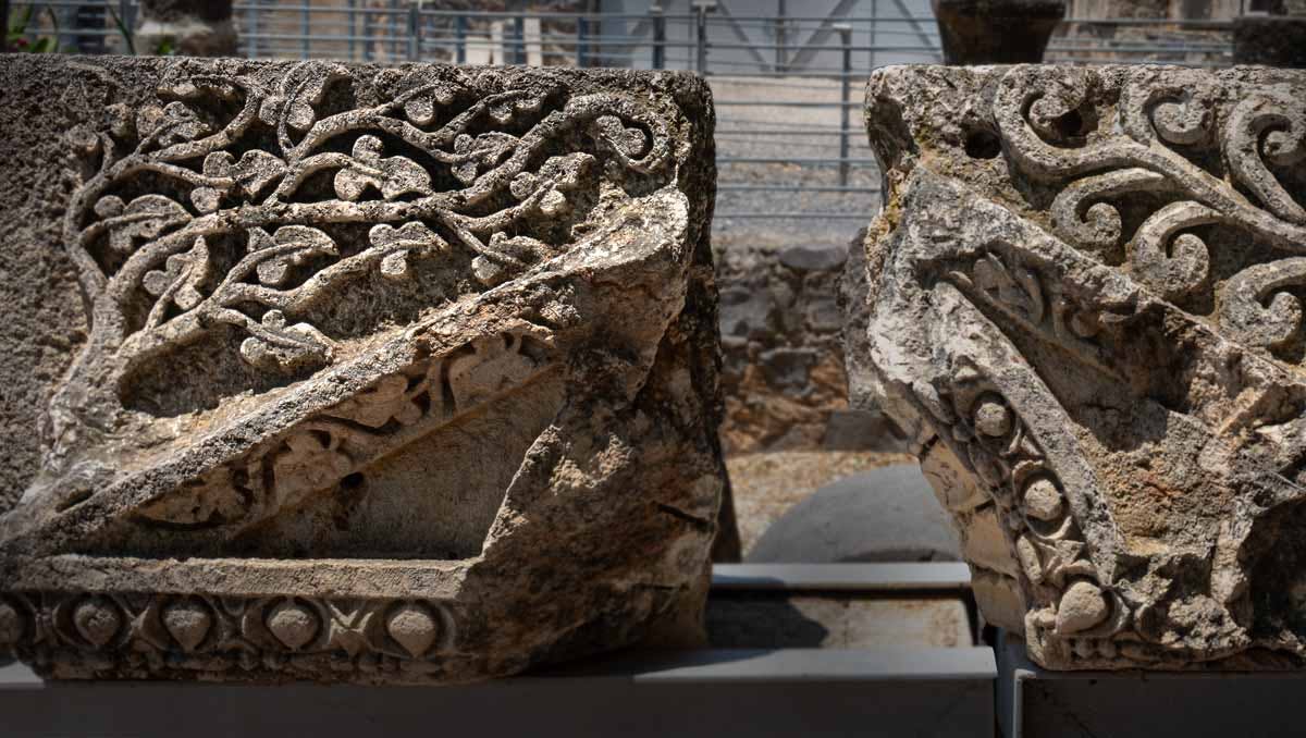 Carved architectural features from the synagogue ruins at Capernaum, Kfar Nahum in Israel.